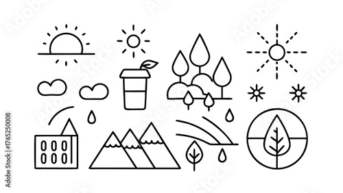 Nature And Weather Line Art Icons Scattered On White Background sunrise sunset