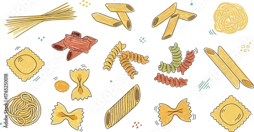 Realistic pasta types, farfalle, spaghetti and penne macaroni. Italian cuisine dish, dry organic pasta vector illustration set.