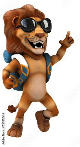 Happy Cartoon Lion Traveler With Sunglasses And Backpack On Transparent Background
