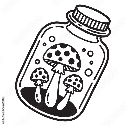 Mushrooms in a jar magical fantasy illustration in black and white