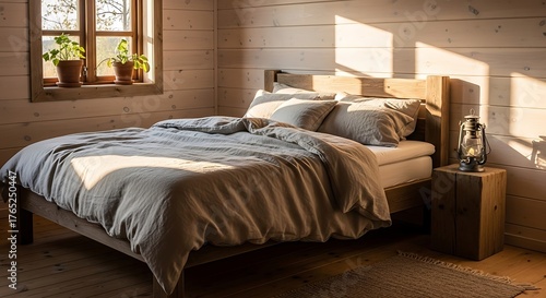 Cozy rustic bedroom interior with natural light and wooden accents