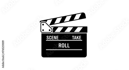 A black and white graphic illustration of a film clapperboard with the word 'ROLL' written on it.