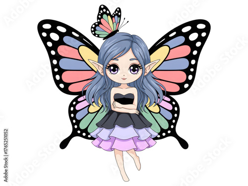 Cute anime fairy with butterfly wings isolated on transparent background