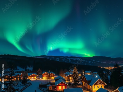 Breathtaking Aurora Borealis Display Over a Quaint Village in Winter