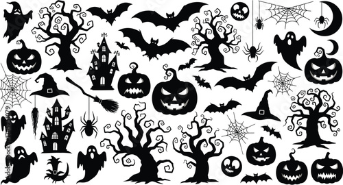 Big set of halloween silhouettes black icon and character. Design of witch, creepy and spooky elements for halloween decorations, sketch, icon, sticker. 