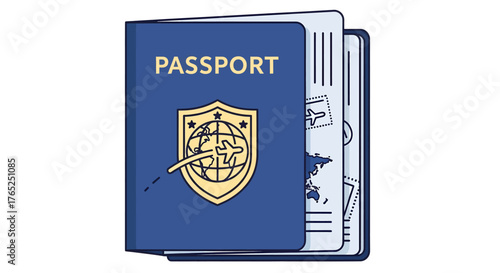 Illustration of a blue passport with open pages, showcasing travel documents.