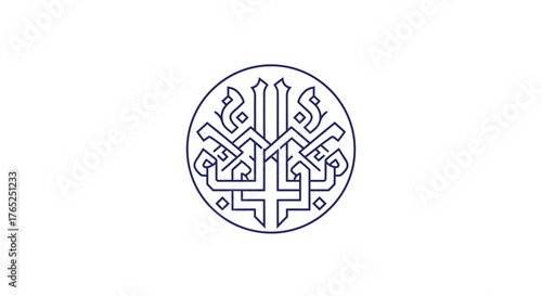 A circular emblem with intricate blue geometric patterns resembling a stylized trident or crest.