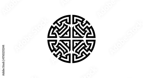 Intricate black circular geometric knotwork pattern on a white background, resembling a stylized maze or traditional cultural motif.