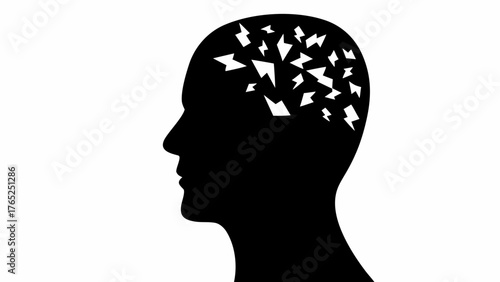 Mental health concept showing silhouette head with lightning bolts symbolizing thoughts and creativity