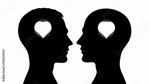Two silhouettes facing each other with hearts in their minds, symbolizing connection and love