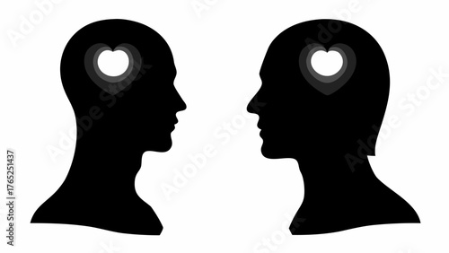 Two silhouettes facing, hearts within heads symbolizing connection, empathy, and shared emotion.