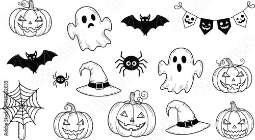 Big set of halloween silhouettes black icon and character. Design of witch, creepy and spooky elements for halloween decorations, sketch, icon, sticker. 