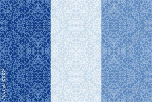 Set of blue geometric snowflake seamless patterns. Elegant ornamental vector background