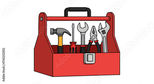 A red metal toolbox illustration, open and filled with essential hand tools like a hammer, screwdriver, and wrenches.