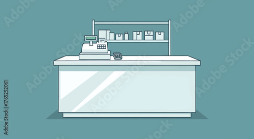 A clean, minimalist illustration of a retail store's checkout counter with a cash register and shelves of products.