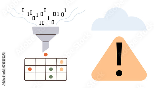 Binary data passing through a funnel filters into a database grid, accompanied by an exclamation mark inside a triangle and a cloud. Ideal for data management, risk monitoring, cloud computing
