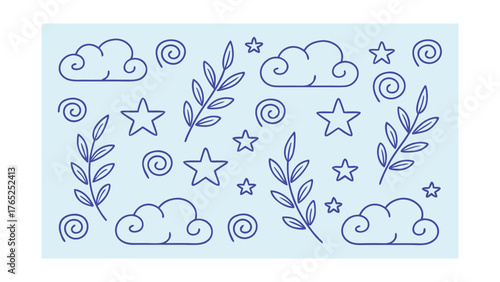 Blue Outline Clouds Stars Swirls and Branches on Light Blue Background Keywords: cloud, star, swirl, branch, leaf, outline, drawing, doodle