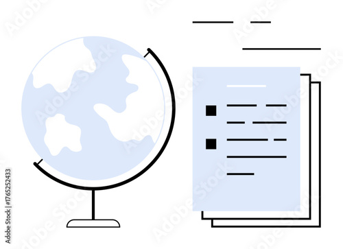 Earth globe beside documents with checklist highlighting global education, planning, collaboration, geography, knowledge sharing, data analysis, research. Ideal for simple flat metaphor