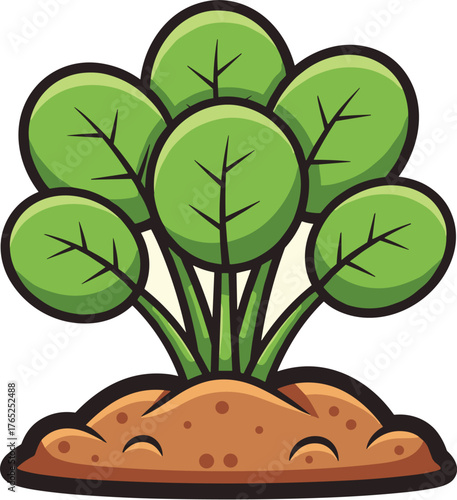 Cartoon Spinach Plant Growing in Soil Patch for Organic Gardening Education Illustration, Healthy Food Production, Agriculture, and Farm Fresh Market Presentation, Modern Style Vector Design
