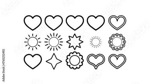 Collection of Black and White Outline Icons of Hearts Suns and Stars symbol