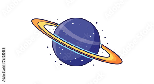 Cartoon illustration of a blue planet with prominent yellow and orange rings, resembling Saturn, set against a simple white background.