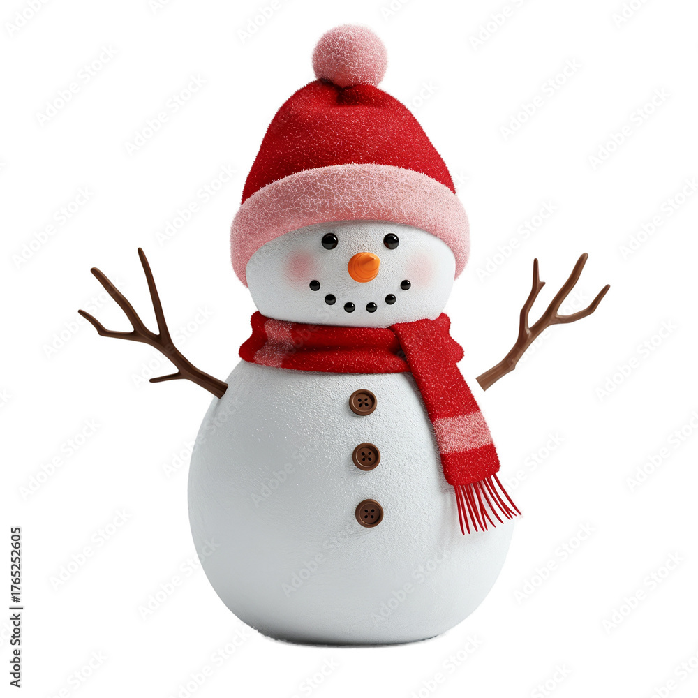 Fototapeta premium Happy Snowman Wearing Red Hat and Scarf Christmas Winter Holiday