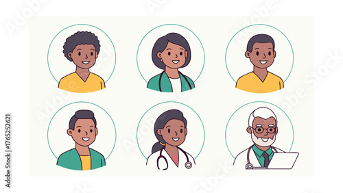 Diverse Group of Six Cartoon Medical Professionals in Circles illustration (105