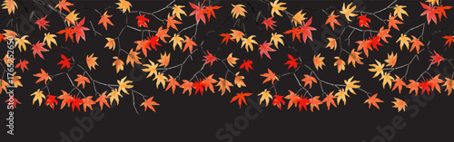 Seamless border pattern on a black background. Vector Maple tree branch with autumn leaves