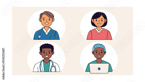 Four Diverse Cartoon Medical Professionals with Laptops and Stethoscopes illustration