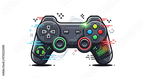 Illustration of a modern black game controller with colorful buttons and design elements.
