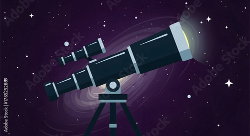 Telescope on a tripod pointing at a starry night sky with a galaxy in a vector illustration style.