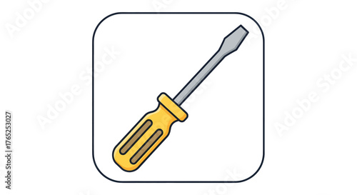 A detailed illustration of a flathead screwdriver with a yellow handle and a silver shaft.