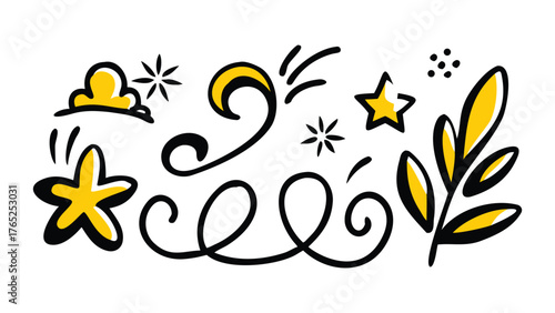 Playful Yellow and Black Doodle Elements Featuring Stars Swirls and Leaves Keywords: doodle, hand drawn, illustration, yellow, black, white