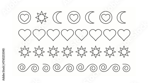 Rows of Outline Icons Featuring Hearts, Suns, Moons and Swirls on White Background