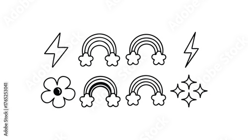 Outline Rainbows Flowers Lightning Bolts and Sparkles on White Background cloud