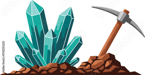Vibrant Teal Crystals Mining Scene Illustration: Exploring geology minerals with a pickaxe in a rough environment, showcasing earth's natural wonders, for graphic designs, presentations, educational m