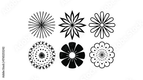 Six Decorative Black and White Floral and Starburst Motifs on White Background flower