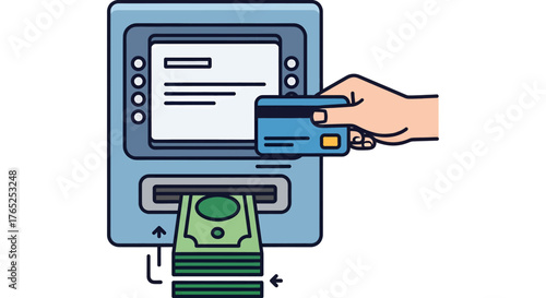 A hand inserts a credit card into an ATM machine as cash is dispensed from the slot below.