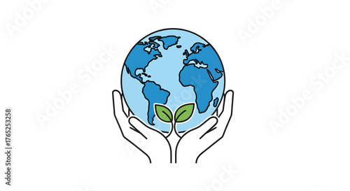 Hands holding a blue globe with a green plant sprout, symbolizing environmental protection and global sustainability.