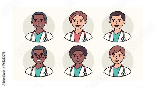 Six Diverse Cartoon Doctors in Circles with Stethoscopes illustration vector