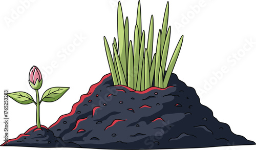 Newly Planted Flower Bud and Fresh Green Sprouts Emerge from Fertile Soil in a Bountiful Garden, Illustrating Growth and Renewal for Environmental Awareness Campaigns, Gardening Education, Springtime