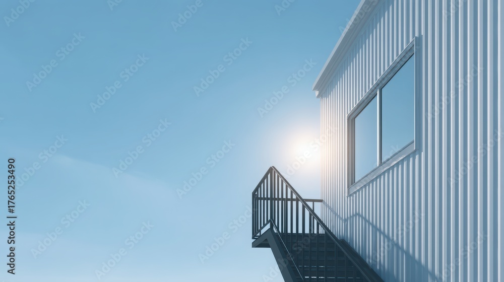 Fototapeta premium prefab minimalist home Modern building with striped exterior and staircase under a clear blue sky.