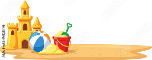 Detailed Sandcastle Construction on the Beach with Red Bucket and Blue Beachball, Seaside Holiday Fun, Summer Vacation Concept for Children, Beach Themed Illustration, Playful Design Element for Marke