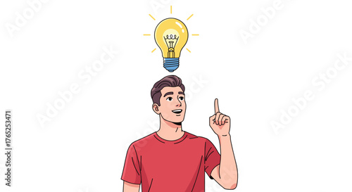 Man Having a Brilliant Idea with Light Bulb Overhead in Thoughtful Pose on White Backdrop for Business Innovation & Problem Solving, Education, Brainstorming, Creative Design, Modern Marketing, Illust