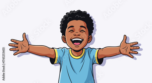 Excited Little Boy Ready for a Hug, Cartoon Style Illustration with Open Arms and Joyful Expression on White Background, Depicting Childhood Happiness and Innocence for Children's Education Material,