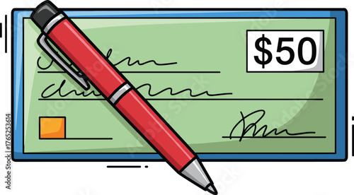 Cartoon Check for Fifty Dollars Being Written with a Red Pen on White Backdrop for Banking and Finance Presentation, Transactional Document for Business Payment, Editable Graphic in Teal, Green, Black