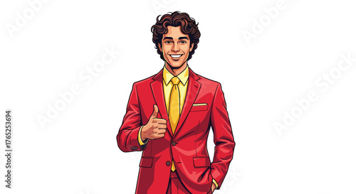 Successful Businessman Giving Thumbs Up Approval Gesture, Cartoon Style Character in Red Suit, Yellow Shirt and Tie isolated on White Background, Approving a Business Deal or Project, Marketing Presen