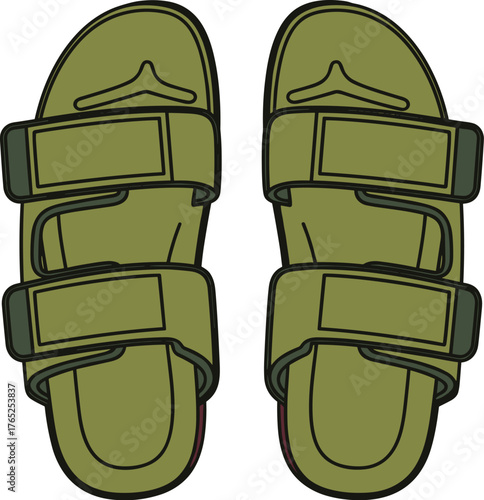 Green Olive Velcro Sandals Floating on White: Fashionable Contemporary Footwear for Summer Lifestyle Marketing, Comfortable Casual Style, Easy-to-Wear Slides for Modern Presentations and Design Projec