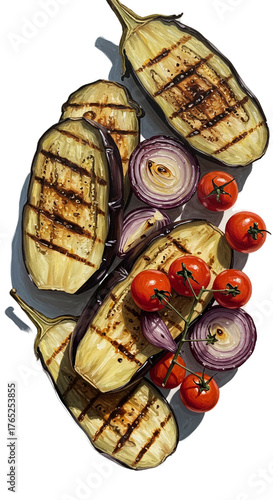 Grilled Eggplant Slices with Cherry Tomatoes and Red Onion Rings Realistic Photo