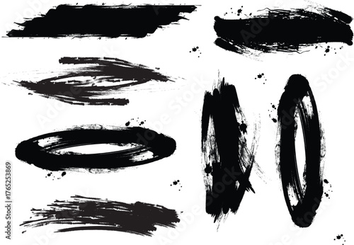 Mega bundle of different ink brush strokes:rectangle,square and round freehand drawings.Ink splatters,grungy painted lines,artistic design elements